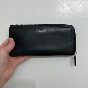 coach black leather accordion zip wallet with silver detail